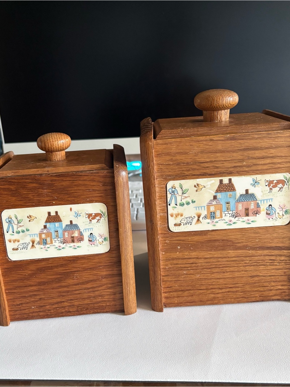 Vintage heartland village Wood Canister Set with Country Scene Tiles